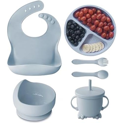 Silicone Baby Feeding Set with Suction Bowl, Suction Plate, Bib, Cup, Spoon, Fork, Baby Led Weaning Utensils for Babies & Toddlers 6+ Months, Microwave & Dishwasher Friendly (Grey)