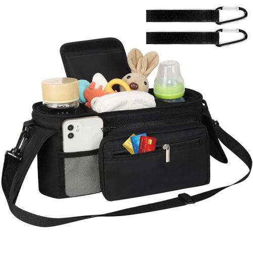 Accmor Universal Stroller Organizer with Insulated Cup Holder Detachable Phone Bag and Shoulder Strap,Stroller Bag Caddy Organizer Accessories Fits for Uppababy, Baby Jogger, Britax Strollers - Black