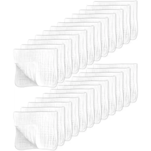 SWEET DOLPHIN 24 Pack Muslin Burp Cloths Large 100% Cotton Hand Washcloths for Baby - Baby Essentials Extra Absorbent and Soft Boys & Girls Milk Spit Up Rags for Newborn Registry - White, 20" X10"