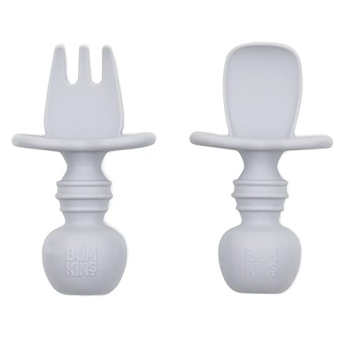Bumkins Utensils, Silicone Chewtensils, Baby Fork and Spoon Set, Training Utensils, Baby Led Weaning Stage 1 for Ages 6 Months+ in Gray 2 Count (Pack of 1)