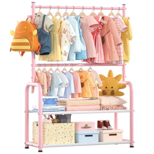 UNTIMATY Kids Clothing Rack, Pink, adjustable height, 2 storage shelves, side hooks for accessories