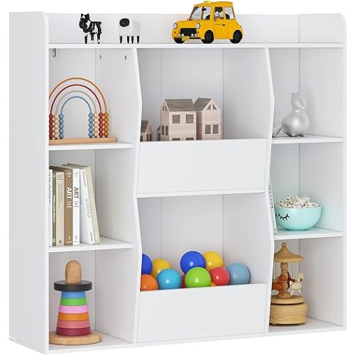 UTEX Kids Toy Storage and Bookshelf, Multifunctional Bookcase with 8 Cubbies and Bins, Open Kids Bookshelf Organizer Display Stand, Large Toy Storage Cabinet for Kids Room, Classroom, Nursery, White