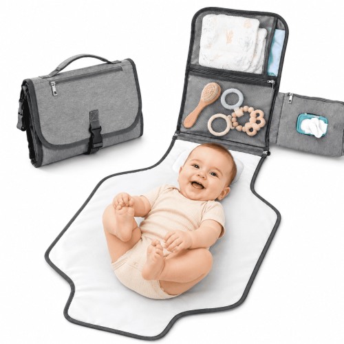 Himonut Baby Portable Diaper Changing Pad, Reversible Foldable Travel Mat with Fixed Head Pillow, Wipes Pocket & Velcro Stroller Straps, Grey