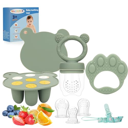 Baby Breastmilk Popsicle Molds & Baby Fruit Feeder (3 Pack), WAJIAYON Baby Food Freezer Tray Storage Containers, Silicone Teething Pacifier Feeder and Teether for Babies(Green)
