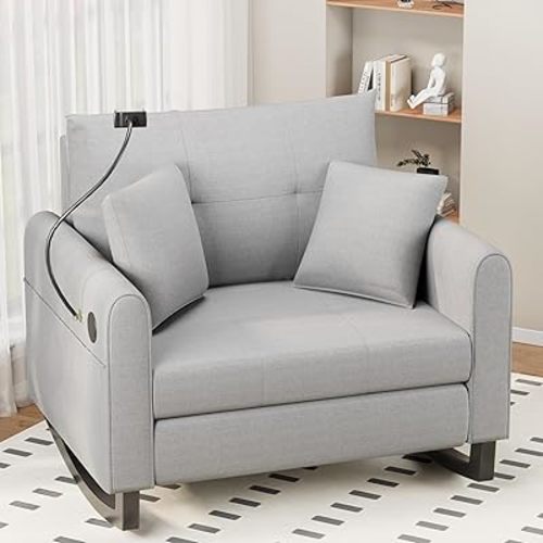 HOMREST Upholstered Oversize Rocking Chair with Adjustable Phone Handle, Nursery Rocking Chair with High Back and Side Pocket USB Port, Double Wide Rocker for Living Room, Bedroom, Nursery, Grey