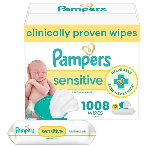 Pampers Baby Wipes, Sensitive, Water Based Wipe, Clinically Proven, Hypoallergenic, and Unscented for Babies, 1008 Wipes Total (12 Flip-Top Packs) [Packaging May Vary]