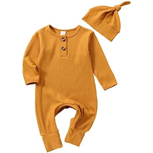 Infant Boys Girls Clothes Set Newborn Baby Romper Hat Ribbed Knit Long Sleeve Button Solid Bodysuit Jumpsuit