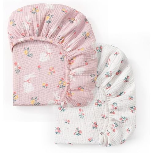 david's kids Muslin Crib Sheets for Girls, 2 Pack 100% Cotton Soft Breathable Fitted Baby Sheet Set, Standard 52"x28" Crib and Toddler Mattress, Rabbit