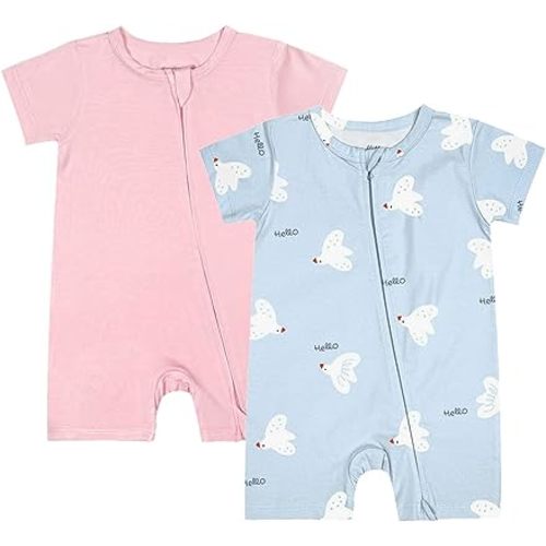 Teach Leanbh Baby Boys Girls 2 Pack Bamboo Viscose Pajamas 2 Way Zipper Short Sleeve Romper Jumpsuit Sleep and Play
