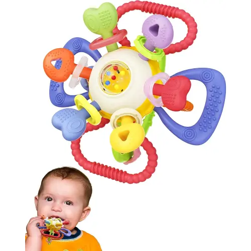 Baby Montessori Sensory Teething Toy – Safe, Multi-Functional BPA-Free Silicone Teether Toy for Babies 0-12 Months – Vibrant Rattle for Teething Relief & Fun Play – Perfect Baby Toys for Boys & Girls