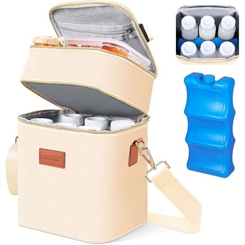 PIIOSER Breastmilk Cooler Bag with Ice Pack Fits 6 Baby Bottles Up to 9 Ounce, Insulated Baby Bottle Tote Bags, Double Layer Waterproof Leak-Proof with Shoulder Strap for Nursing & Working Mom (Cream)