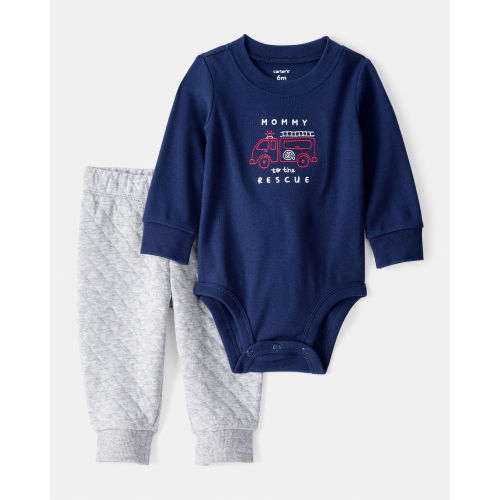 Firetruck Print Long-Sleeve Bodysuit & Pant Set