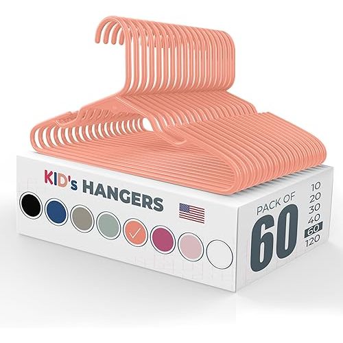 Made in USA Baby Hangers, Kids Hangers for Children's Clothes, Toddler Outfits and Clothing, 20 50 100 Pack Available, Kid Plastic Hanger for Closet and Nursery, Child Kid Hangars (60pk Peach)