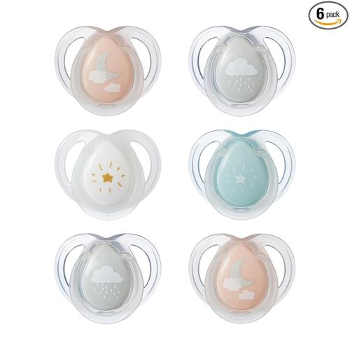 Tommee Tippee Night Time Pacifier, 0-6 Months, Symmetrical Silicone Baglet, BPA-Free Binkies, Glow in The Dark Technology, Pink Pastels, Pack of 6