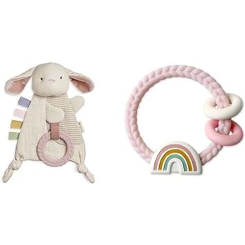 Itzy Ritzy - Bitzy Crinkle Sensory Toy Bunny with Crinkle Sound for Babies & Toddlers - Features & Silicone Teether with Rattle; Features Rattle Sound, Two Silicone Rings and Raised Textur