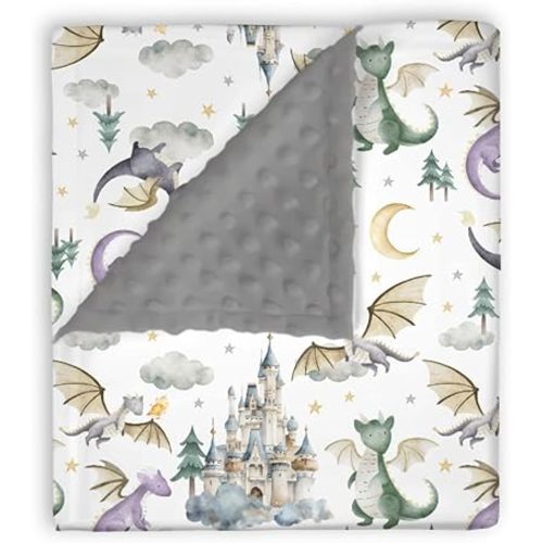 Mink Baby Boys Blanket Dragon Tale Castle, Watercolor Green Moon Clouds Stars Tree Soft Double Layer Dotted Backing Receiving Blankets, Newborn Infant Toddler Nursery Crib Bedding 30