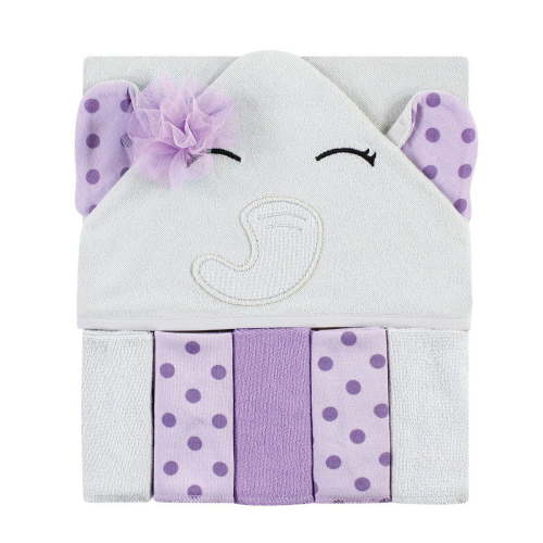 Hudson Baby Infant Girl Hooded Towel and Five Washcloths, Purple Dots Pretty Elephant, One Size