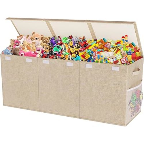 Extra Large Toy Box, Collapsible Sturdy Kids Toy Chest for Boys, Girls, 41"x14"x16" Storage Organizer Toddler Storage Bins with Lids, Toybox Basket for Living Room, Bedroom, Nursery, Beige