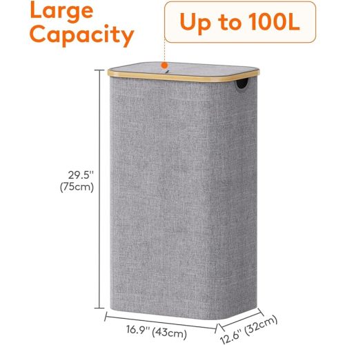 Lifewit 100L Laundry Basket with Lid, Clothes Hampers for Laundry with Bamboo Handles and A Removable Laundry Bag, Large Foldable Laundry Hamper for Bedroom, Bathroom, Dorm, Laundry Room, Light Gray