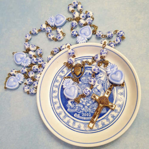 Delft Blue Beads Sacred Heart Rosary - Blue and White Cherry Blossom B – Amen Artisan