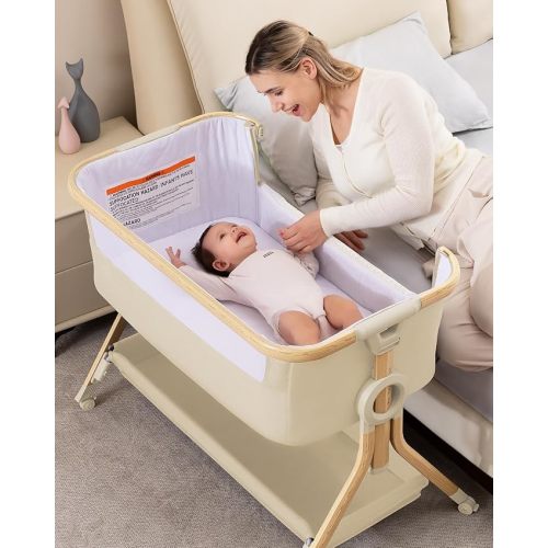 LAREX 3 in 1 Baby Bassinet Bedside Sleeper, Breathable Mesh Bedside Bassinet for Baby, Easy Assemble & Folding Portable Bassinet, 5 Height Adjustable Bedside Crib with Storage Basket, Mattress, Wheels