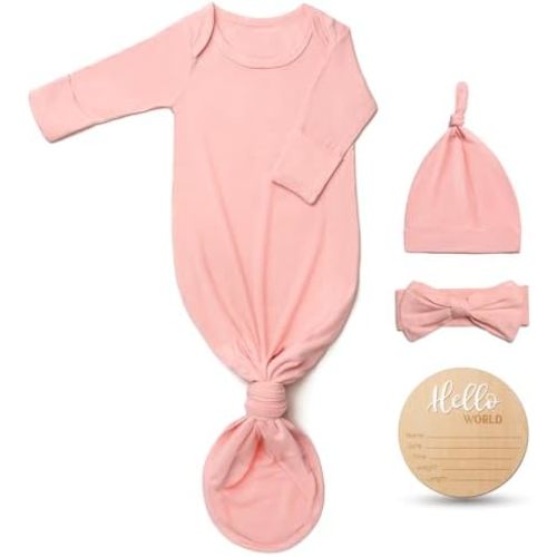 Hello World Newborn Knotted Gown 0-3 Months, Coming Home Outfit Baby Bamboo Viscose Sleeper with Hat,Headband,Wooden Sign