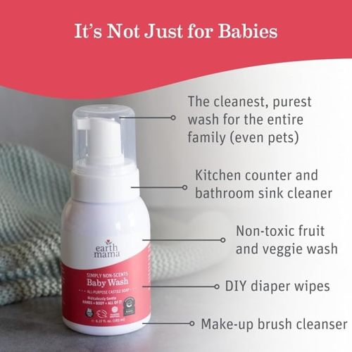 Earth Mama Simply Baby Wash Foaming Hand Soap, Organic Fragrance Free, Unscented Body Wash, Castile Soap with Coconut Oil, Shea Butter, Calendula, & Aloe, 6.27 fl oz