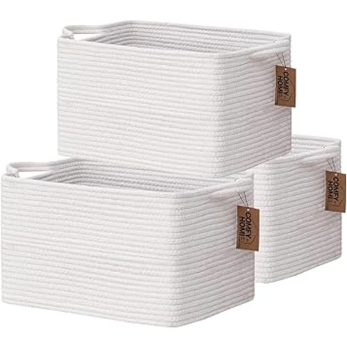 COMFY-HOMI 3PACK Cotton Rope Rectangular Storage Baskets for Living Room, Baby Room, Office (All White, 13.5" x 11" x 9.5")