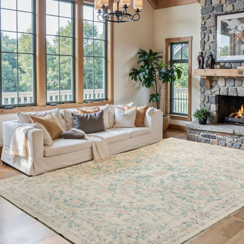 Machine Washable Floral Area Rug with Non Slip Backing, Oriental Inspired Vintage Area Rug for Living Room, Bedroom, Dinning Room, Home Office