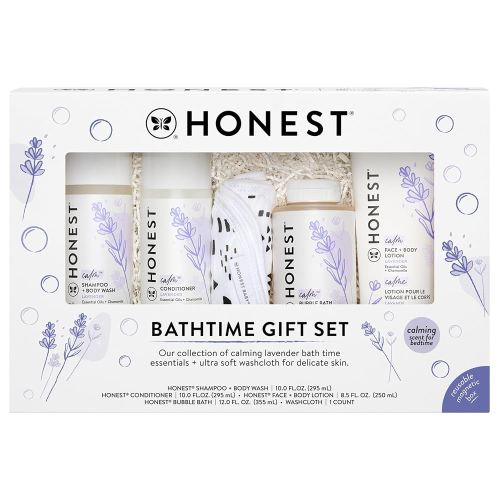 The Honest Company Calming Lavender Bathtime Gift Set | Hypoallergenic Bath Essentials for Sensitive Skin | Shampoo + Body Wash, Face + Body Lotion, Bubble Bath, Conditioner, Wash Cloth