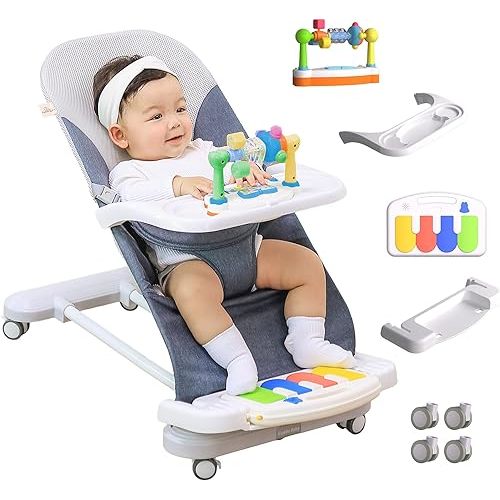 CuddoBaby Baby Bouncer 4-in-1 with Wheels, Detachable Piano, Feeding Tray, Play Bar, Thick Base. 3-Level Incline Portable Seat for Infant to Toddler 0-6, 0-12, 12-24 Months, Upto 29Lbs - Blue