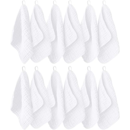 12 Pack Muslin Washcloths for Baby - 100% Cotton Baby Wash Cloths for or Baby Face Body Comfy and Soft for Newborn Infants Kids Girls and Boys - 12"x12" - White