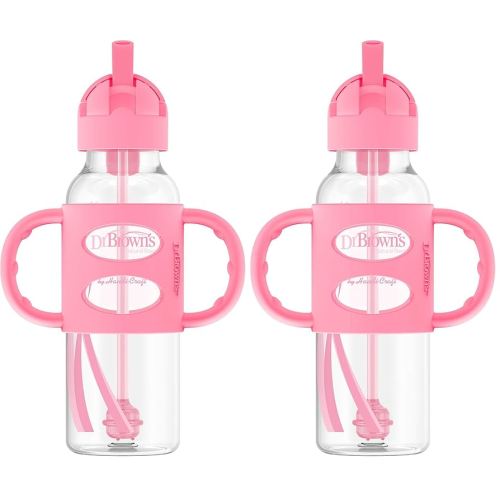 Dr. Brown's Milestones Narrow Sippy Straw Bottle, Spill-Proof with 100% Silicone Handles and Weighted Straw, 8 oz/250 mL, Pink, 6m+ (Pack of 2)