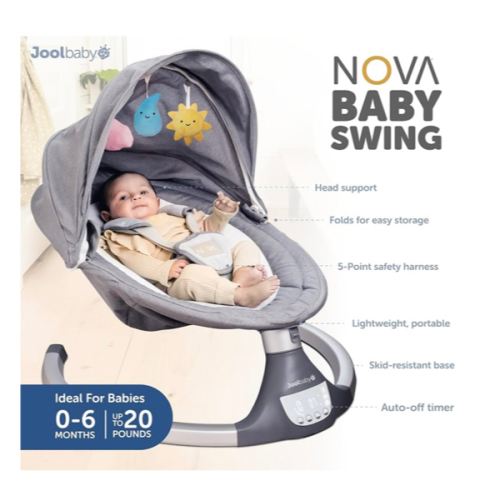 Jool Baby Nova Swing for Newborns - Electric Motorized Infant Swing, Bluetooth Music, 10 Preset Melodies, Remote (Updated Model, Gray)