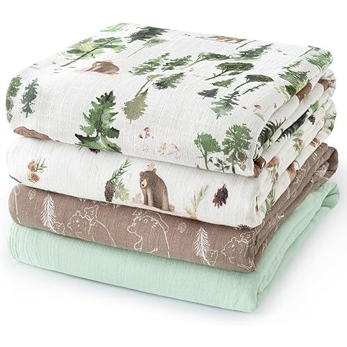 david's kids 4 Pack Baby Muslin Swaddle Blankets, 100% Cotton and Ultra Soft Breathable Receiving Blanket Wrap for Boys Girls, New Born Essentials, Large 47 x 47 inches, Woodland Animals/Green