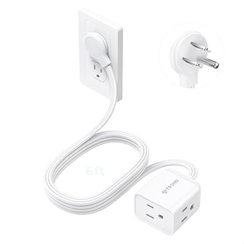 TROND Flat Extension Cord 6 Feet - Right Angled Flat Plug Power Strip, ETL Listed, 3 Plug Extension Outlets, Three Prong, SPT 16/3 Gauge, 13A, Small for Indoor Home Office Cruise Ship Travel, White