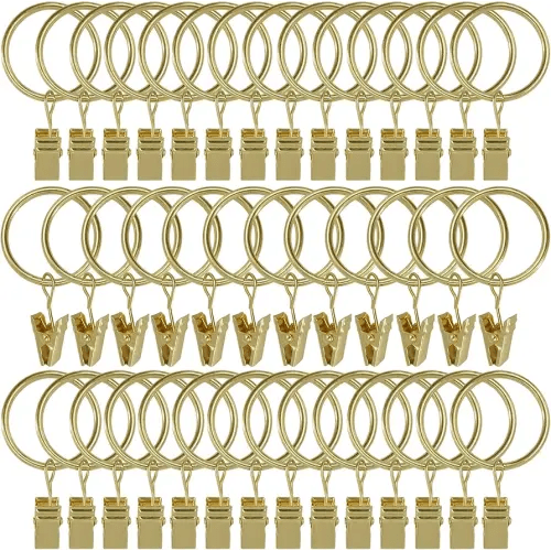 40 Pack Curtain Rings with Clips, Drapery Clips with Rings, Drapes Rings 1.26 in Interior Diameter, Fits up to 1 in Curtain Rod, Gold Color