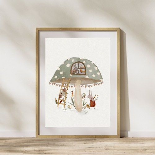 Whimsical Mushroom Art Print, Woodland Wall Art, Sage Green Nursery Decor, Hand Painted Mushroom House Print