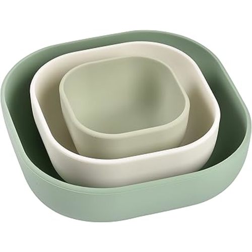 Beaba Silicone Mealtime Nesting Bowls, Baby Toddler Dinnerware Sets, Soft, Stackable and Unbreakable Set of 3 Bowls, Sage