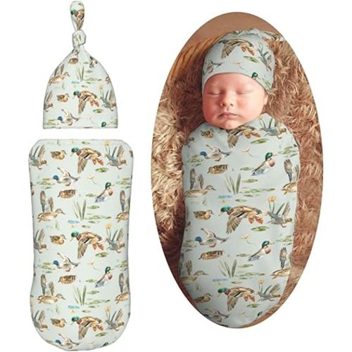 Duck Mallard Lotus Newborn Swaddle Blankets Hat Sets Soft Baby Receiving Blanket Swaddle Sack for Baby Shower Infant Boy Girl Gift
