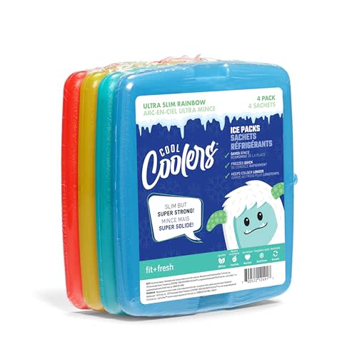 Cool Coolers by Fit + Fresh, 4 Pack Slim Ice Packs, Space Saving Reusable Ice Packs for Lunch Boxes or Coolers