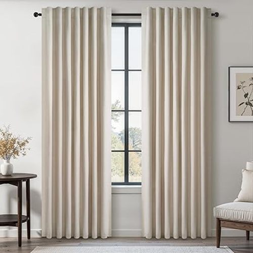 Topfinel Linen Blackout Curtains 86 Inches Long for Bedroom 2 Panels Set 100% Blackout Drapes for Living Room Window Treatment Modern Farmhouse Back Tab Rod Pocket Beige White Drapes