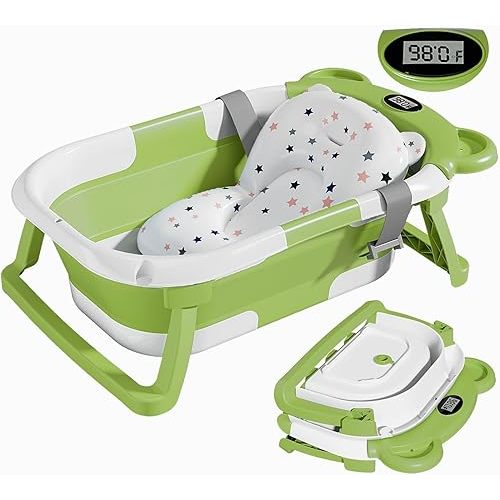 TPN Collapsible Baby Bathtub for Infants to Toddler with Real-time Temp Monitor+Floating Cushion,Foldable Baby Bath Tub Set Applicable 0-36 Month,Perfect Portable Travel Baby Tub for Newborns Boy