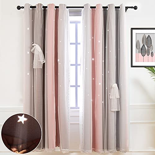 Hughapy Star Curtains for Girls Bedroom Kids Room Decor Light Blocking Voile Overlay Princess Star Hollowed Curtain Colorful Striped Layered Window Curtain, 1 Panel ( 52W x 63L, Pink / Grey)