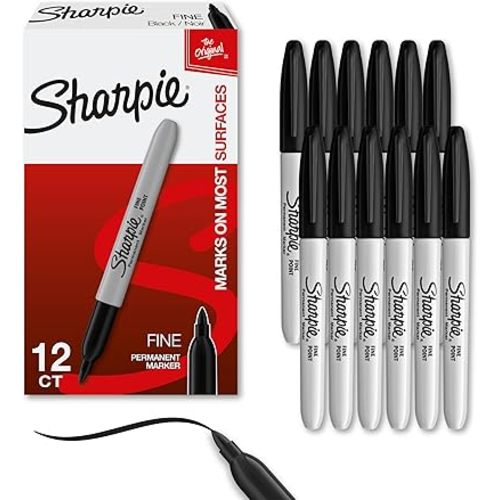 Sharpie Permanent Markers, Fine Tip, Black, 12 Count - For Classroom, Office, & Home, Quick Drying, Fade Resistant, For Wood, Plastic, Paper, Metal, And More, Ideal for Posters, Drawing, Coloring
