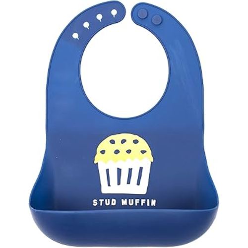 Baby Bib for Eating by Bella Tunno, Waterproof Silicone Bib with Large Food Catcher, Adjustable Fit for Babies 4-12 months & Toddlers 1-3 Years, Boys & Girls, Stud Muffin