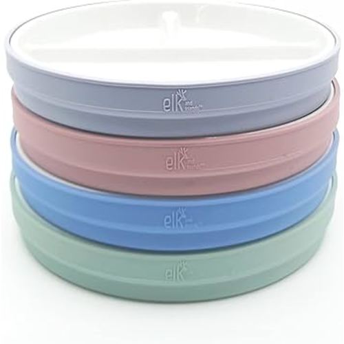 Elk and Friends Kids 7.8” Porcelain White Plates with Silicone Sleeves | Divided Plates | Suitable for Kids/Toddlers | Microwave & Dishwasher Safe | Non Slip | Snack Dishes