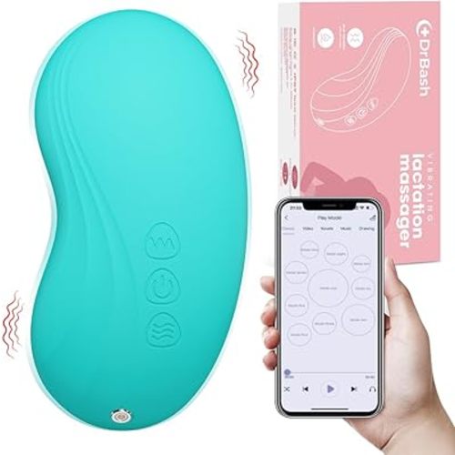 DrBash 2-in-1 Lactation Massager – Soft Breast Massager for Breastfeeding, Heat + Vibration for Milk Flow, Engorgement & Clogged Duct Relief – Apps Controlled (Teal)