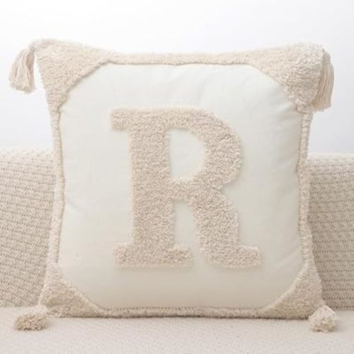 Monogram Pillow Covers with Tassels 18”x18” Modern Cotton Canvas Tufted Alphabet R Throw Pillow Covers for Sofa Couch Bed 26 English Letters Decorative Pillow Case for Sofa Throw Pillows