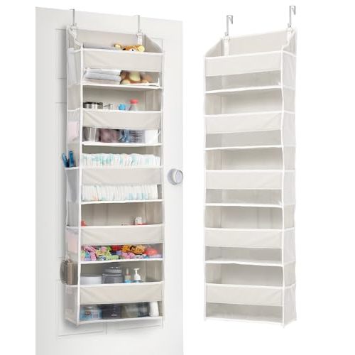 ULG 1-Pack Over Door Organizer with 5 Large Pockets 10 Mesh Side Pockets, 44 lbs Weight Capacity Hanging Storage Organizer with Clear Window for Bedroom Bathroom Kitchen, RV, Camper, Beige